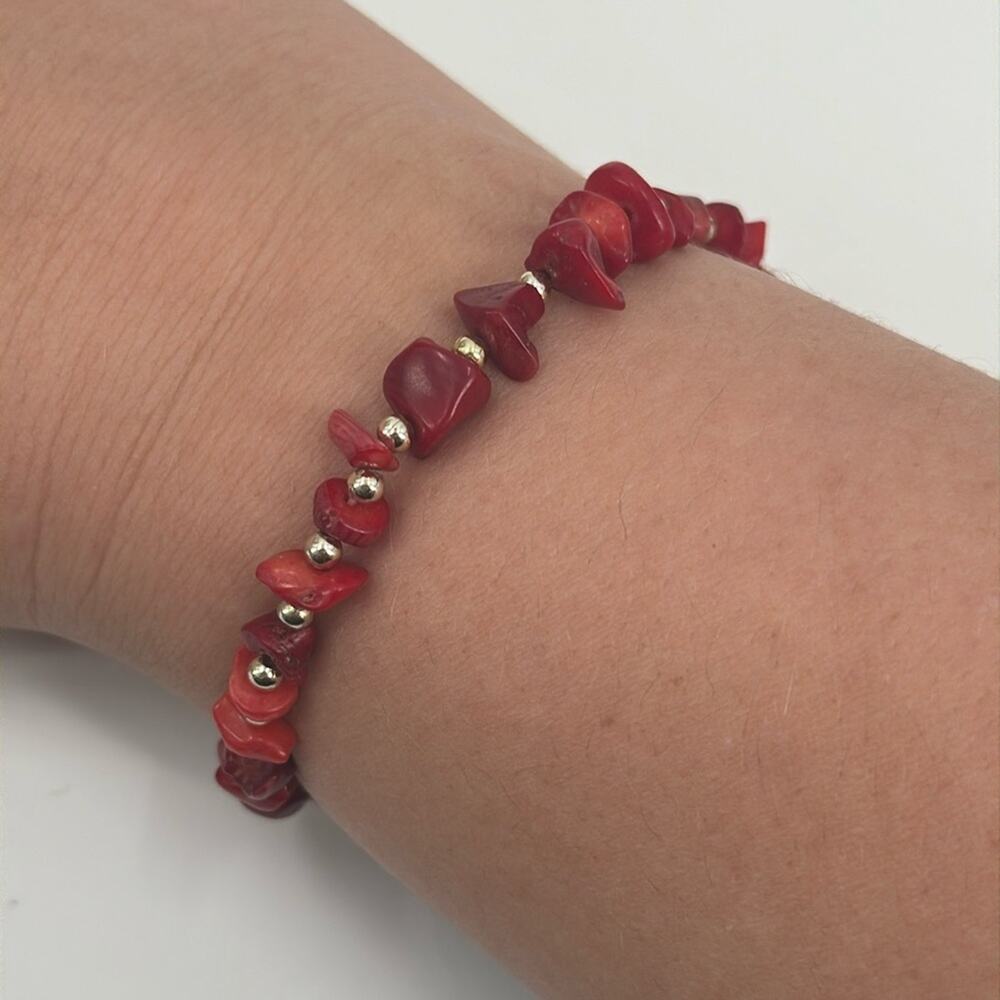 Gold and red coral beaded stretchy bracelet